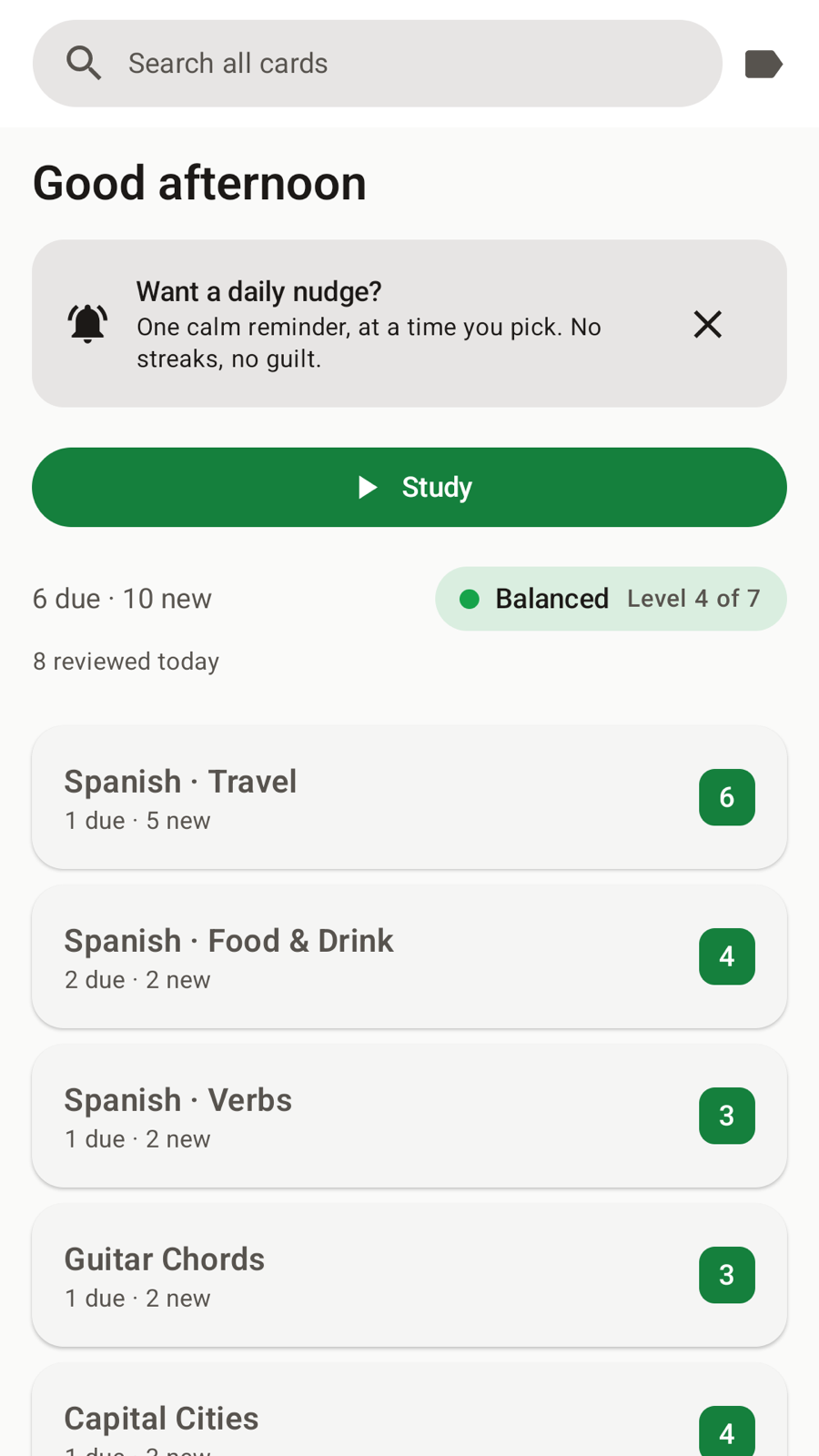 Asilak’s home screen: a Study button, six cards due and eight reviewed today, above decks for Spanish travel words, Spanish verbs, guitar chords and capital cities.