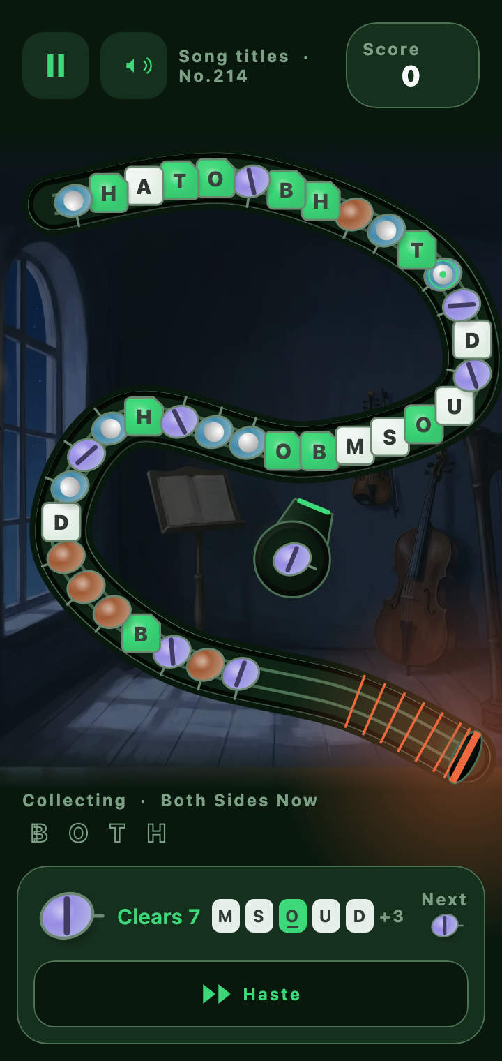 Hronka — a song-titles puzzle in play in a music room: the chain winds around a launcher holding a violet ball, the end of the path is marked with orange ticks, the tray is collecting “Both Sides Now”, and a preview reads “Clears 7”.