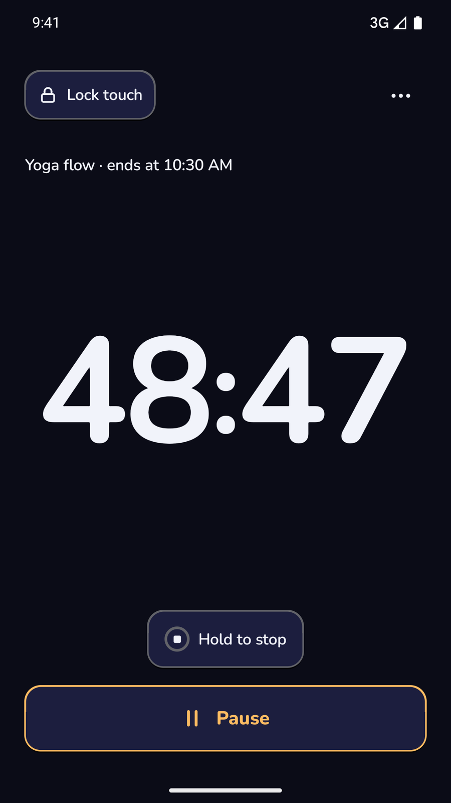 KatyaFM during a yoga flow class: the time left in large figures, with Lock touch at the top, Hold to stop below the clock, and a wide Pause button.