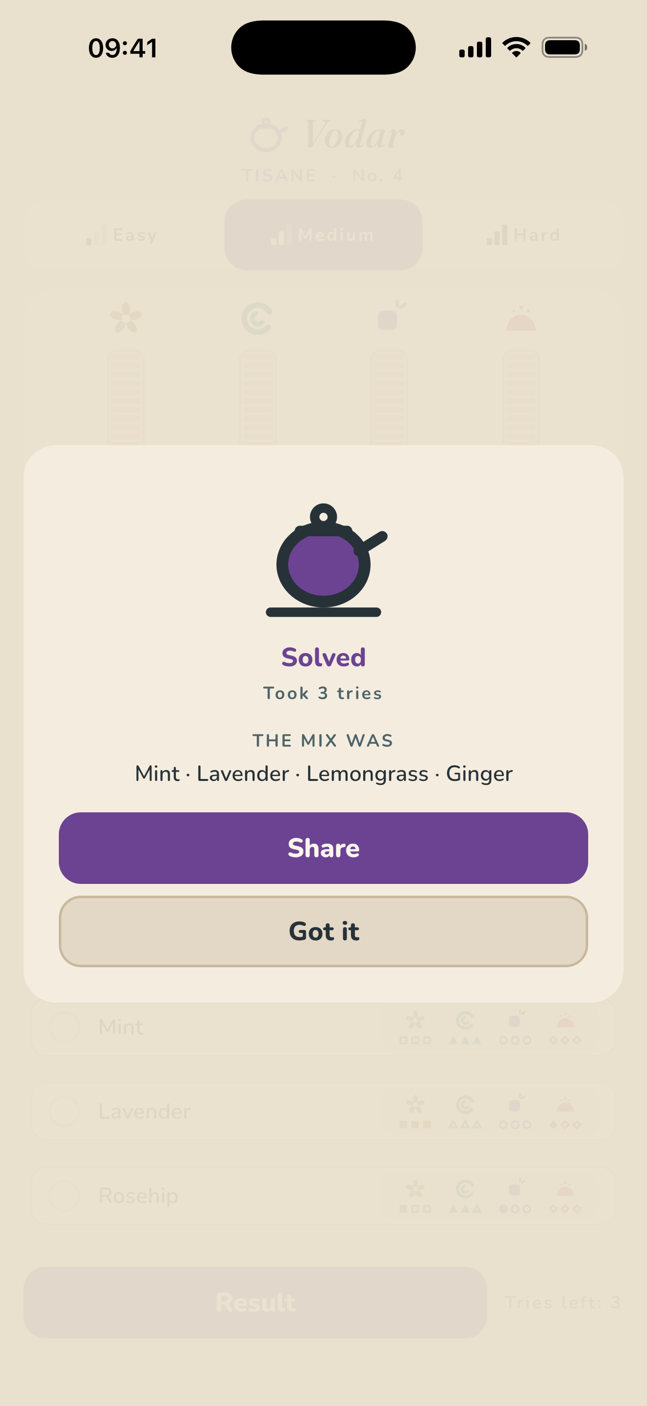 Vodar solved in three tries: the teapot flooded with colour, and the mix named as mint, lavender, lemongrass and ginger.